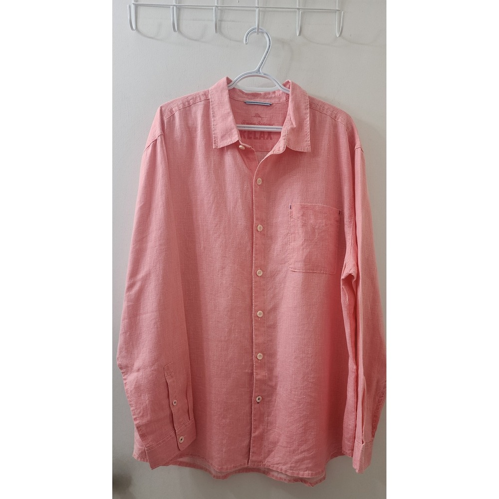 Tommy Bahama Relax Mens Coral Pink 100% Linen Long Sleeve Button Down Shirt XL